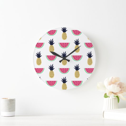 かわいいパイナップル&スイカのドードルパターン ラージ壁時計 (ホーム)