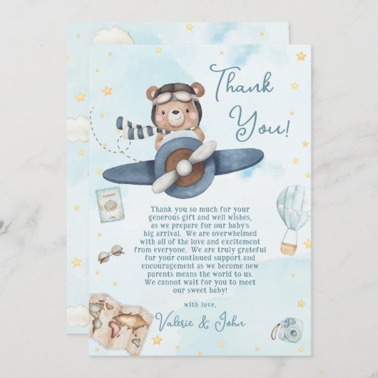 かわいいパイロットテディベアーブルー飛行機ボーイベビーシャワー サンキューカード (正面/裏面)