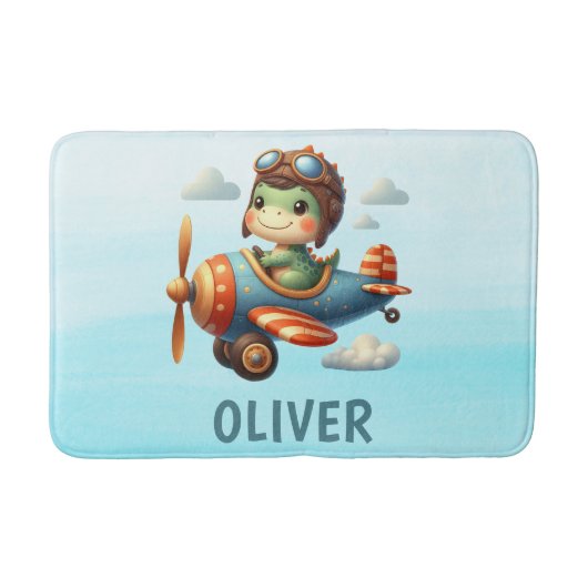かわいいパイロットトレックス飛んでいる恐竜の青い飛行機 バスマット (正面)
