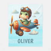 かわいいパイロットトレックス飛んでいる恐竜の青い飛行機 フリースブランケット (正面)