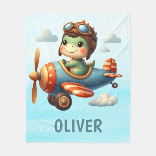 かわいいパイロットトレックス飛んでいる恐竜の青い飛行機 フリースブランケット (正面)