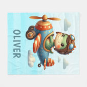 かわいいパイロットトレックス飛んでいる恐竜の青い飛行機 フリースブランケット (正面(横))