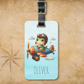 かわいいパイロットトレックス飛んでいる恐竜の青い飛行機 ラゲッジタグ