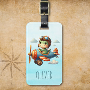 かわいいパイロットトレックス飛んでいる恐竜の青い飛行機 ラゲッジタグ