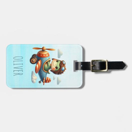 かわいいパイロットトレックス飛んでいる恐竜の青い飛行機 ラゲッジタグ (正面横)