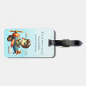 かわいいパイロットトレックス飛んでいる恐竜の青い飛行機 ラゲッジタグ (裏面横)