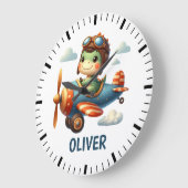 かわいいパイロットトレックス飛んでいる恐竜の青い飛行機 ラージ壁時計 (傾斜)