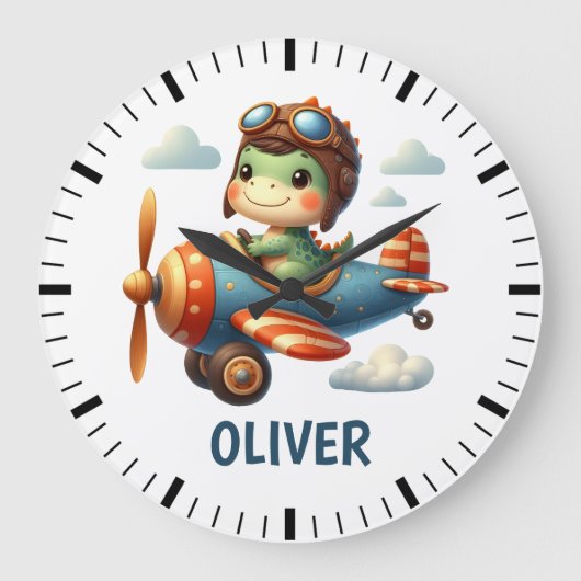 かわいいパイロットトレックス飛んでいる恐竜の青い飛行機 ラージ壁時計 (正面)