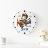 かわいいパイロットトレックス飛んでいる恐竜の青い飛行機 ラージ壁時計 (ホーム)