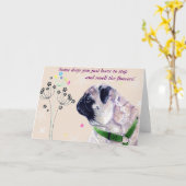 かわいいパグおよび花の挨拶状 カード (黄色い花)