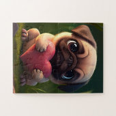 かわいいパグがハートを抱え ジグソーパズル (横)