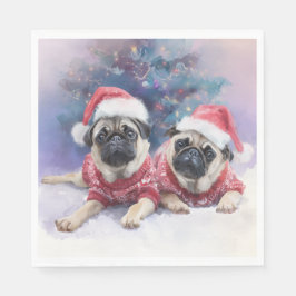 かわいいパグが2匹描かれたクリスマス紙ナプキン スタンダードランチョンナプキン