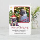 かわいいパグとクリスマスツリーペットドッグワン写真 シーズンカード (スタンド正面)