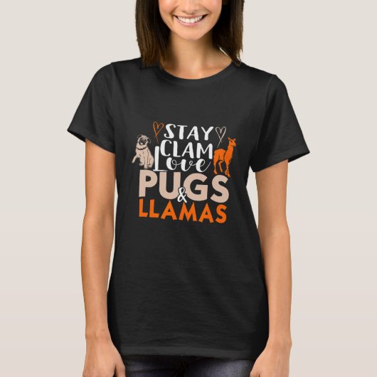 かわいいパグとラマが大好き Keep Calm アイデア Tシャツ (正面)