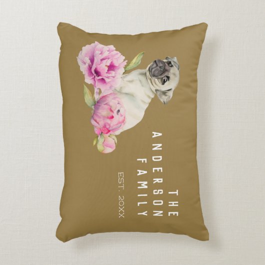 かわいいパグと牡丹 |ファミリ名を追加 アクセントクッション (正面(垂直))