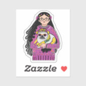 かわいいパグと長い髪の女の子 シール (シート)