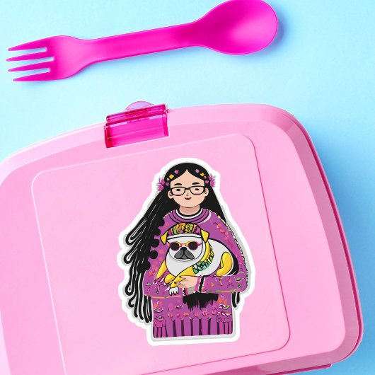 かわいいパグと長い髪の女の子 シール