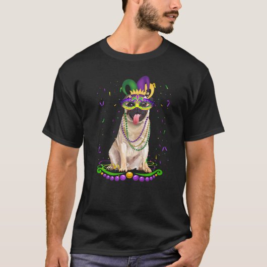 かわいいパグのカーニバルマスク マルディグラの犬 Tシャツ (正面)
