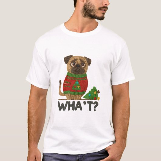 かわいいパグのクリスマスセーター姿が面白い Tシャツ (正面)