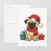 かわいいパグのサンタのクリスマスギフトイラスト シーズンポストカード (正面/裏面)
