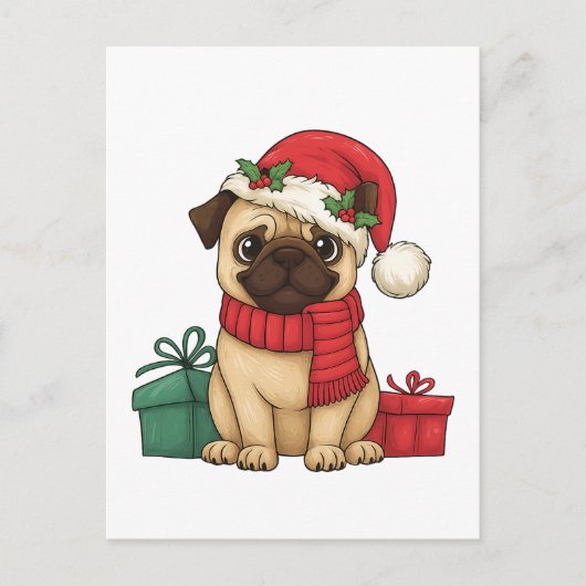 かわいいパグのサンタのクリスマスギフトイラスト シーズンポストカード (正面)