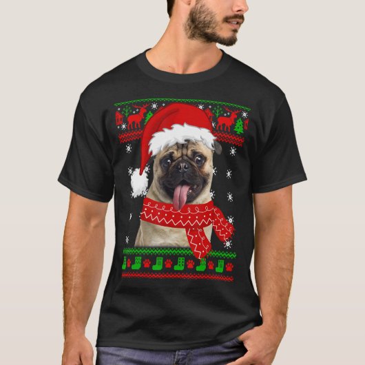 かわいいパグのサンタ帽子 クリスマスのセーター Tシャツ (正面)