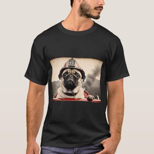 かわいいパグのビンテージ消防士 Tシャツ (正面)