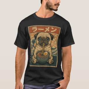 かわいいパグのラーメン好きデザイン ラーメンを食べるパグ Tシャツ