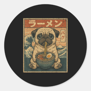 かわいいパグのラーメン好き ラーメンを食べるパグ ラウンドシール