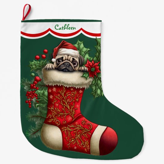 かわいいパグの子犬のぞき ラージクリスマスストッキング (正面)