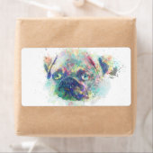 かわいいパグの子犬の水色の（ばちゃばちゃ）跳ねる絵を描 ラベル (インサイチュ)