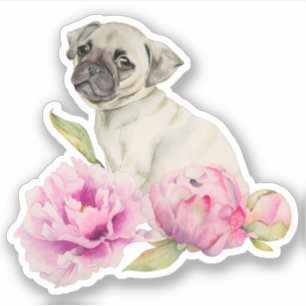 かわいいパグの小犬のピンクの花柄 シール