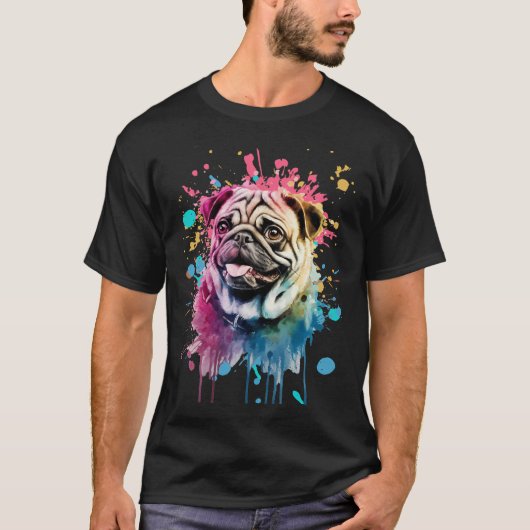 かわいいパグの水彩画 Tシャツ (正面)