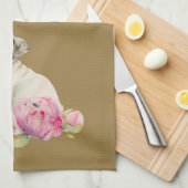 かわいいパグの犬およびシャクヤクの花のイラストレーション キッチンタオル (四つ折り)