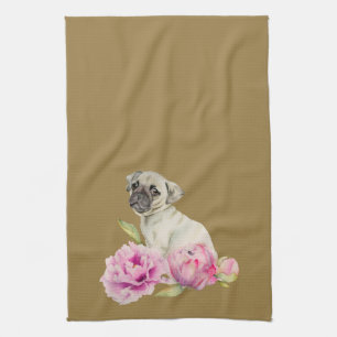 かわいいパグの犬およびシャクヤクの花のイラストレーション キッチンタオル