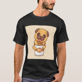 かわいいパグの犬がコーヒーカップを抱えるキャラクターベクターアイコン Tシャツ