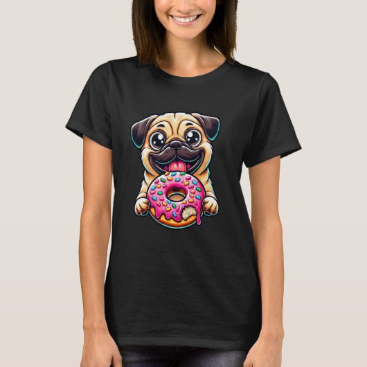かわいいパグの犬がドーナツを食べている Tシャツ (正面)