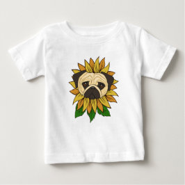 かわいいパグの犬とひまわり ベビーTシャツ