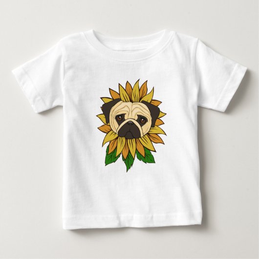 かわいいパグの犬とひまわり ベビーTシャツ (正面)