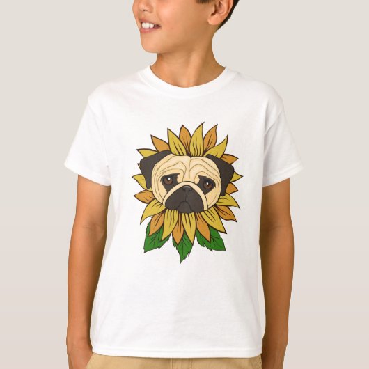 かわいいパグの犬とひまわり Tシャツ (正面)