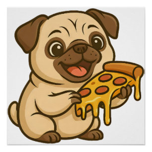 かわいいパグの犬のキャラクター ピザ好き ポスター