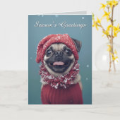 かわいいパグの犬のクリスマスカード カード (黄色い花)
