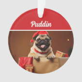かわいいパグの犬の休日のクリスマス写真 オーナメント (正面)