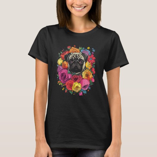 かわいいパグの花束 Tシャツ (正面)
