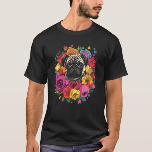 かわいいパグの花束 Tシャツ (正面)