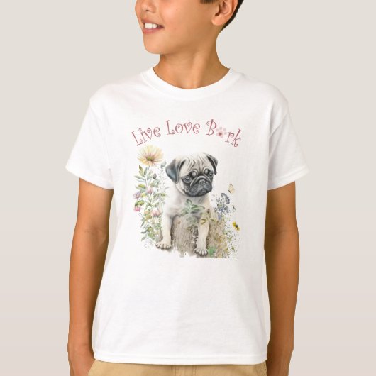 かわいいパグの花柄デザイン Tシャツ (正面)