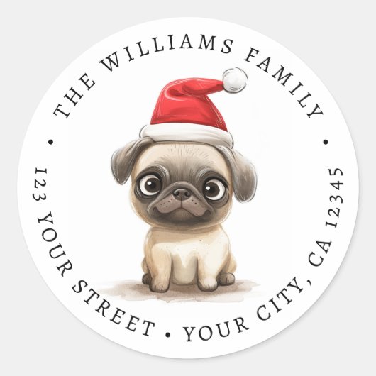 かわいいパグインサンタハットイラストレーション差出人住所 ラウンドシール (正面)