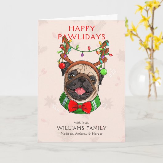 かわいいパグクリスマス カード (黄色い花)