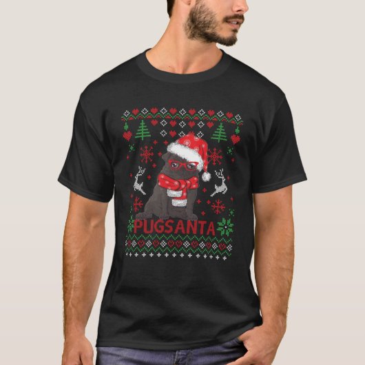 かわいいパグサンタハット醜いクリスマスセーター汗 Tシャツ (正面)