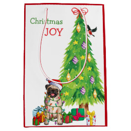 かわいいパグドッグサンタハットとクリスマスツリー ミディアムペーパーバッグ